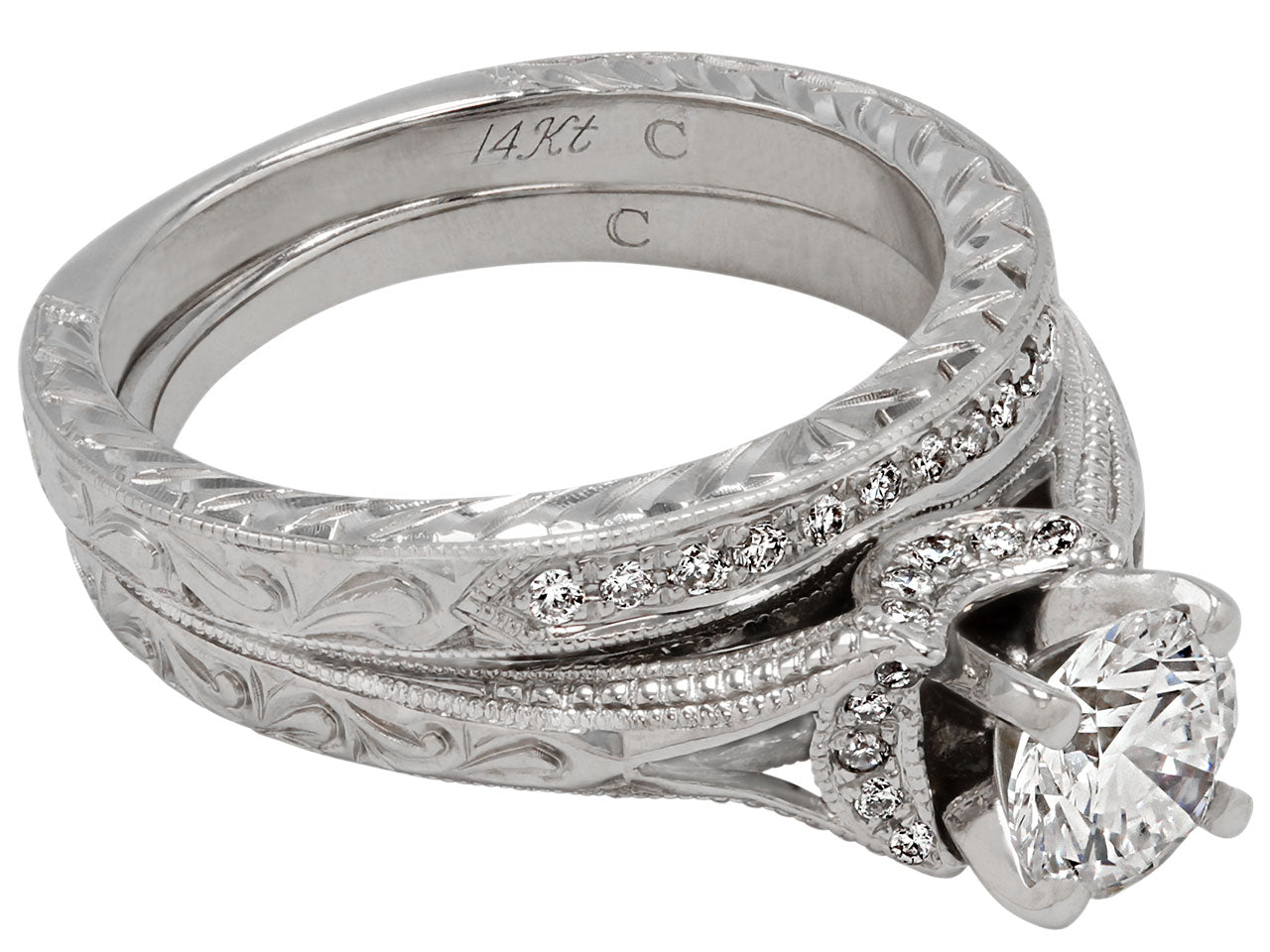 Diamond Ring, 0.73 carat, and Wedding Band in 14K White Gold, by Neil Lane