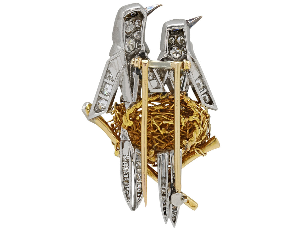 Mid-Century Diamond, Pearl and Sapphire Bird's Nest Brooch in Platinum and 18K Gold