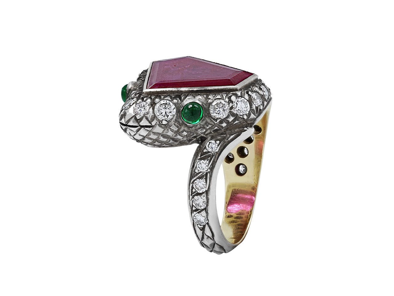 Rubellite, Diamond and Emerald Snake Ring in Silver over Gold