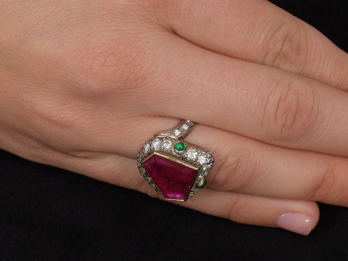 Rubellite, Diamond and Emerald Snake Ring in Silver over Gold