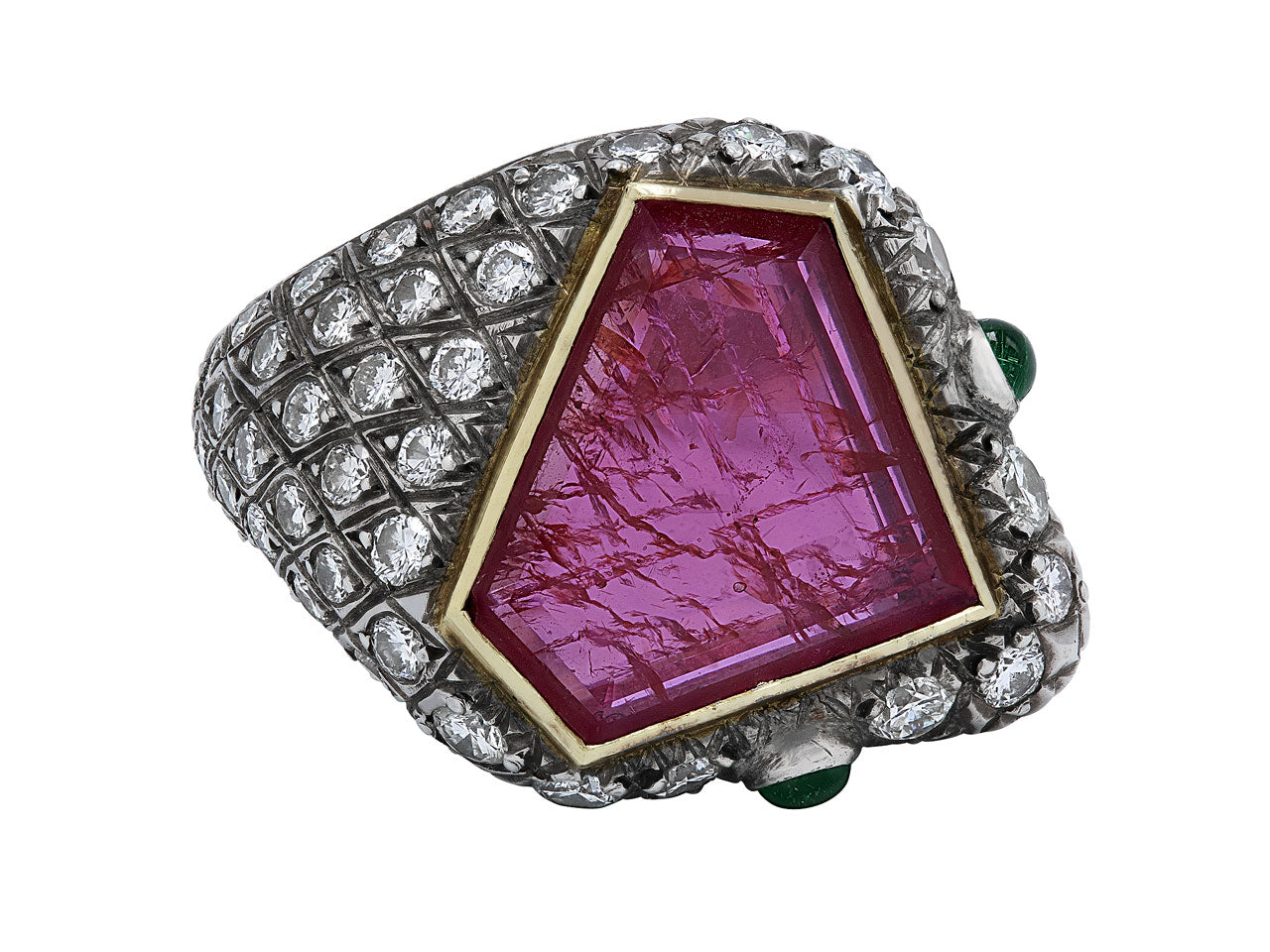 Rubellite, Diamond and Emerald Snake Ring in Silver over Gold