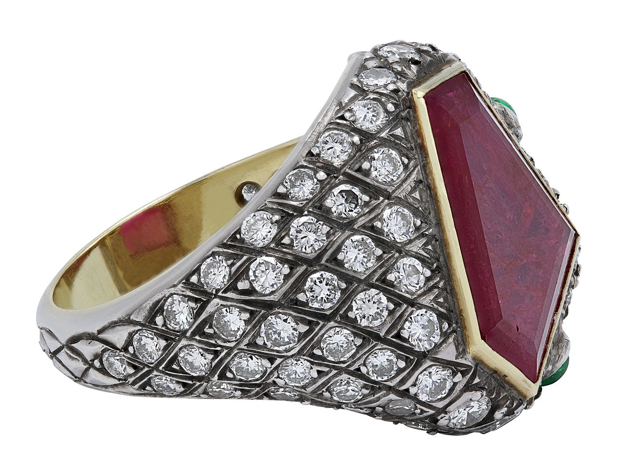 Rubellite, Diamond and Emerald Snake Ring in Silver over Gold