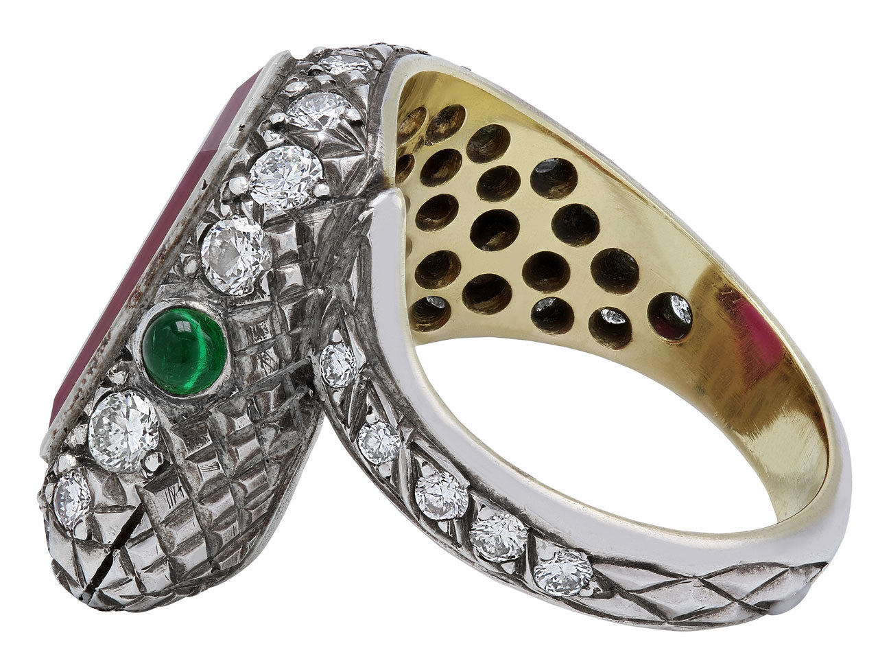 Rubellite, Diamond and Emerald Snake Ring in Silver over Gold