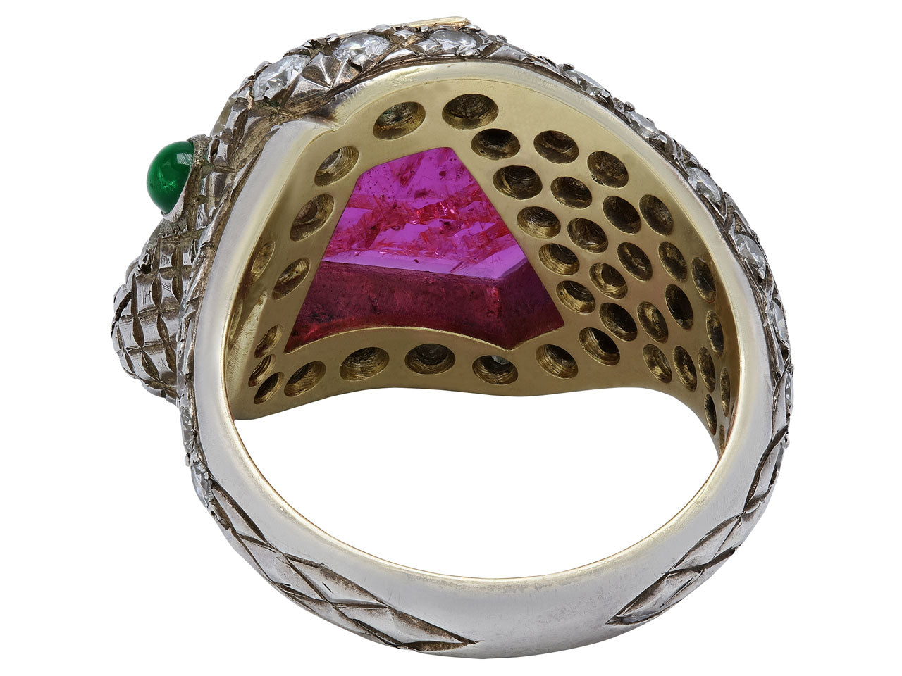 Rubellite, Diamond and Emerald Snake Ring in Silver over Gold