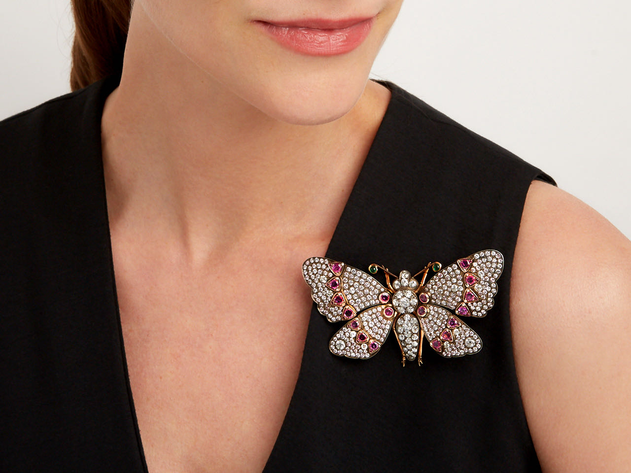 Ruby and Diamond Butterfly Brooch in 18K Gold