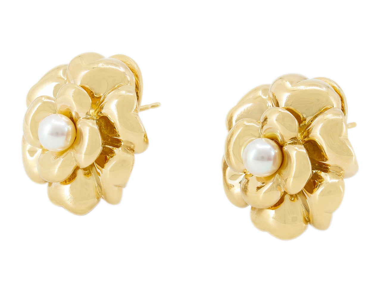 Chanel 'Camellia' Pearl Earrings in 18K Gold