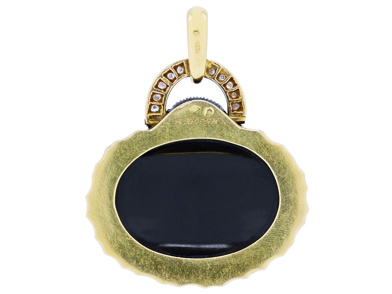 René Boivin Carved Onyx, Enamel and Diamond Pendant in 18K Gold