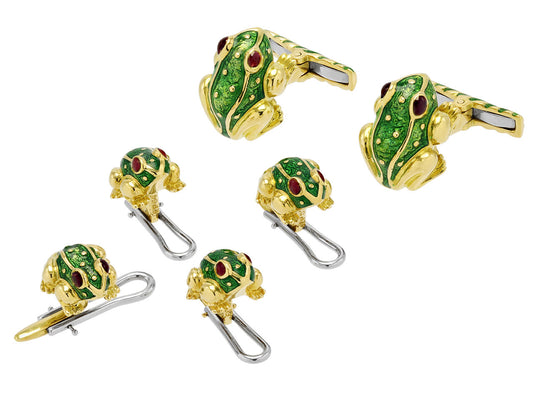 David Webb Green Enamel Frog Cufflinks and Shirt Stud Dress Set in 18K