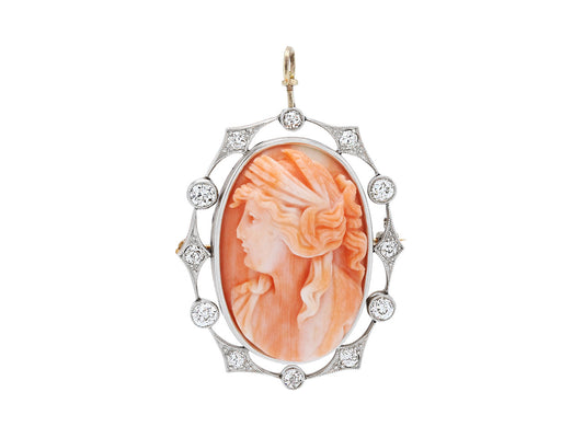 Antique Edwardian Diamond and Carved Coral Cameo Pendant/Brooch in Platinum over 14K Gold