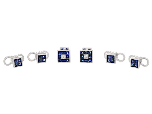 Invisibly-set Sapphire and Diamond Men's Dress Set in Platinum and 18K White Gold