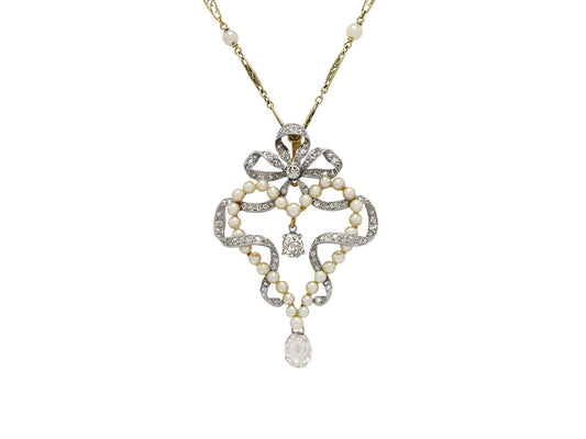 Antique Belle Époque Diamond and Pearl Pendant in Platinum over Gold