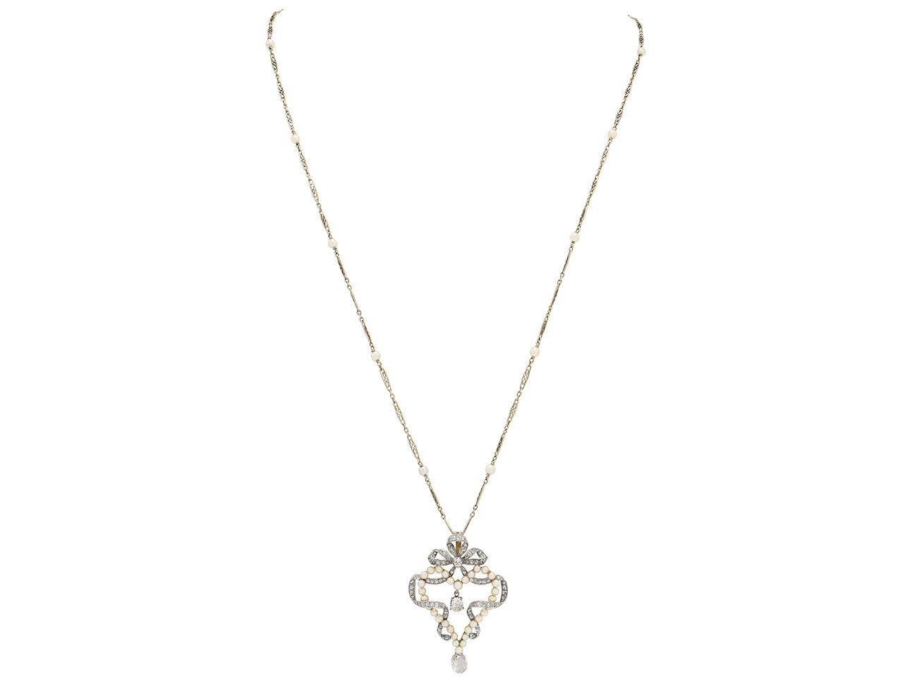 Antique Belle Époque Diamond and Pearl Pendant in Platinum over Gold