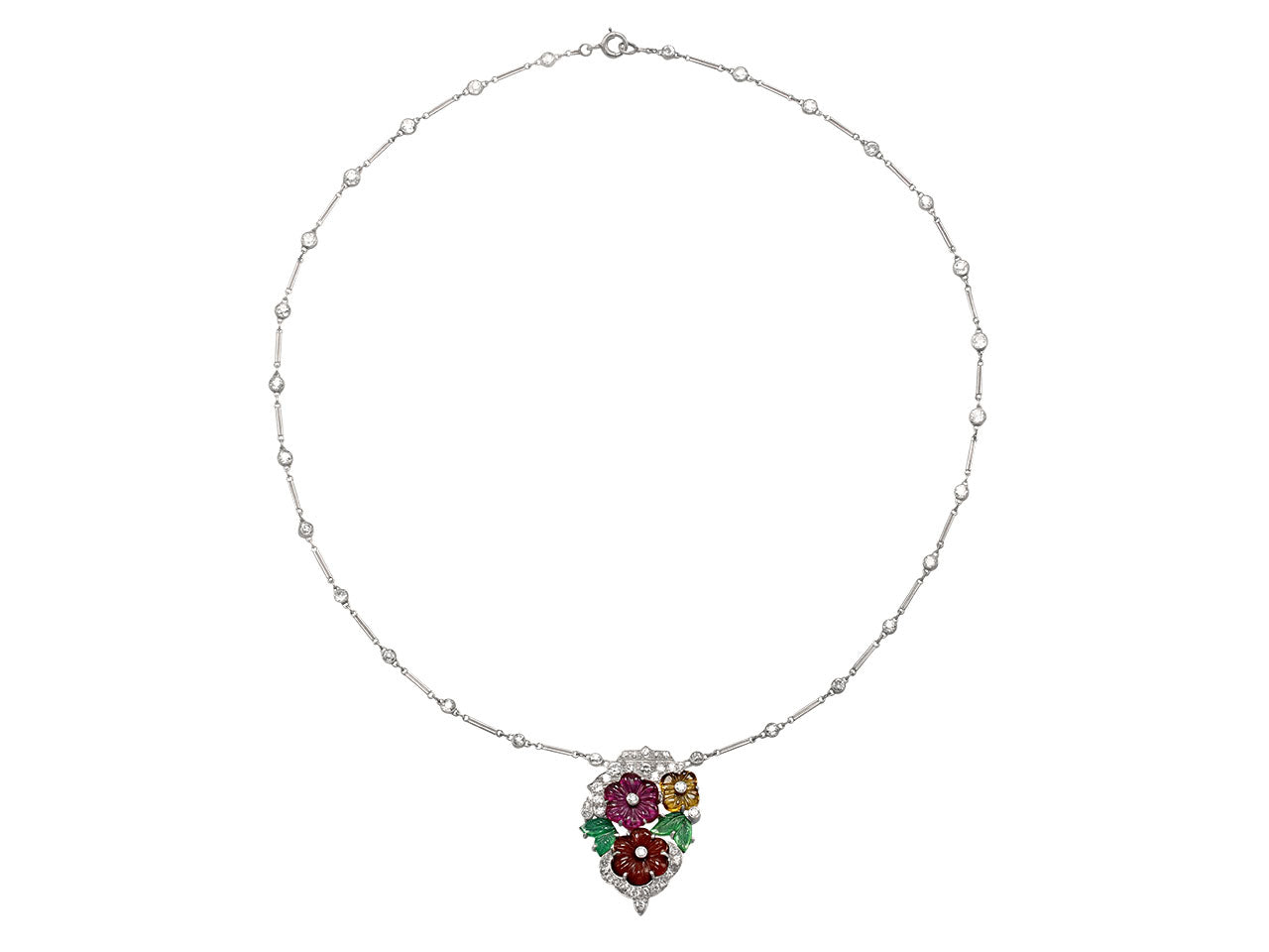 Art Deco Diamond and Multi-Gemstone Floral Pendant Necklace in Platinum