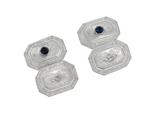 Antique Edwardian Diamond and Sapphire Cufflinks in Platinum over 14K Gold