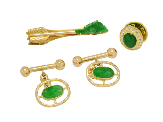 Jadeite and Diamond Cufflink, Lapel Pin and Tie Bar Set in 18K