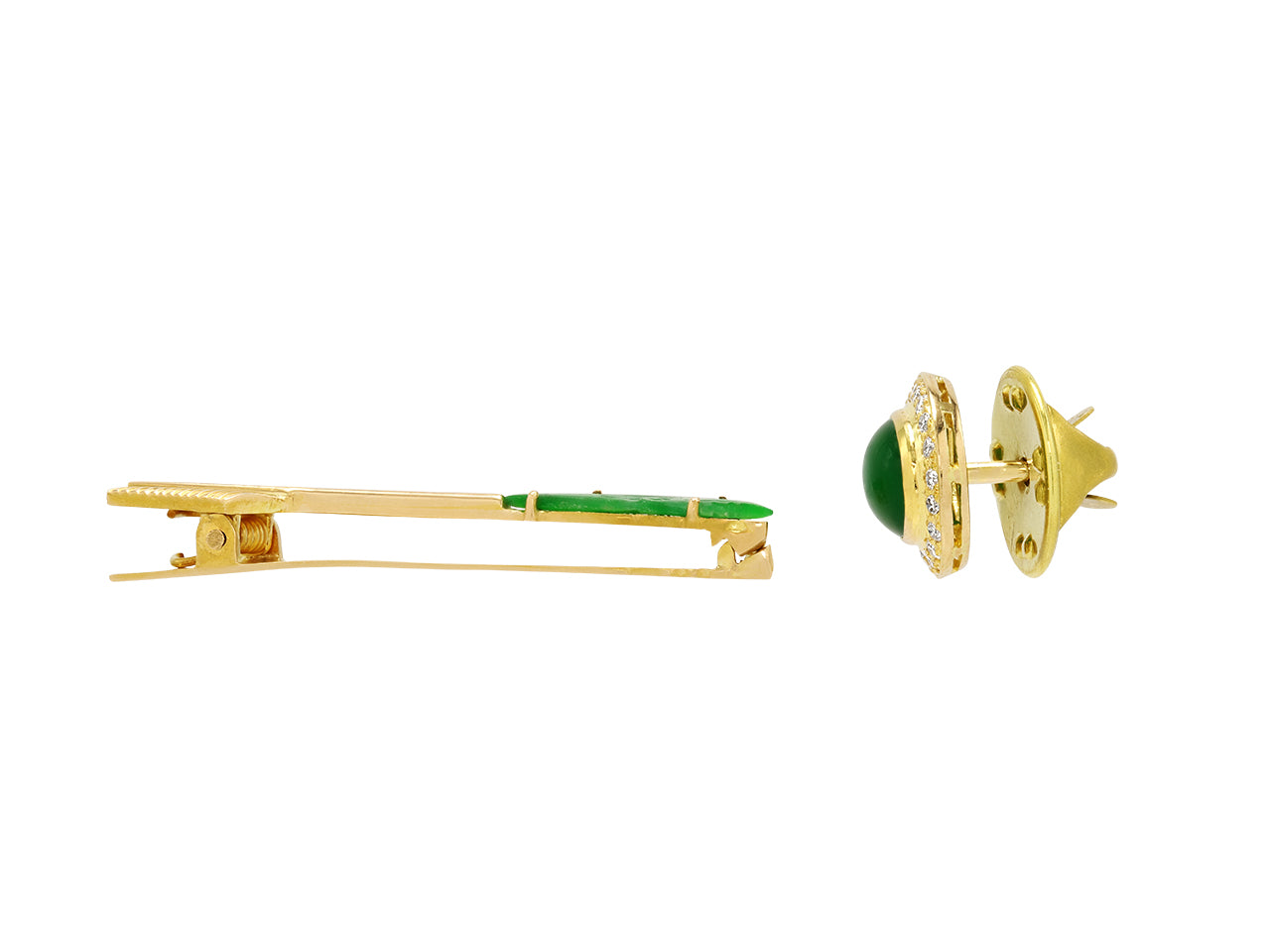 Jadeite and Diamond Cufflink, Lapel Pin and Tie Bar Set in 18K