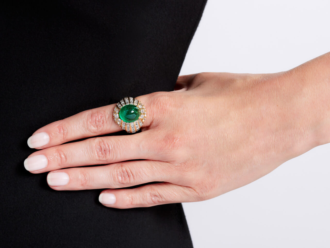 Cabochon Emerald, 10.00 Carat Zambian, and Diamond Ring in 18K Yellow Gold