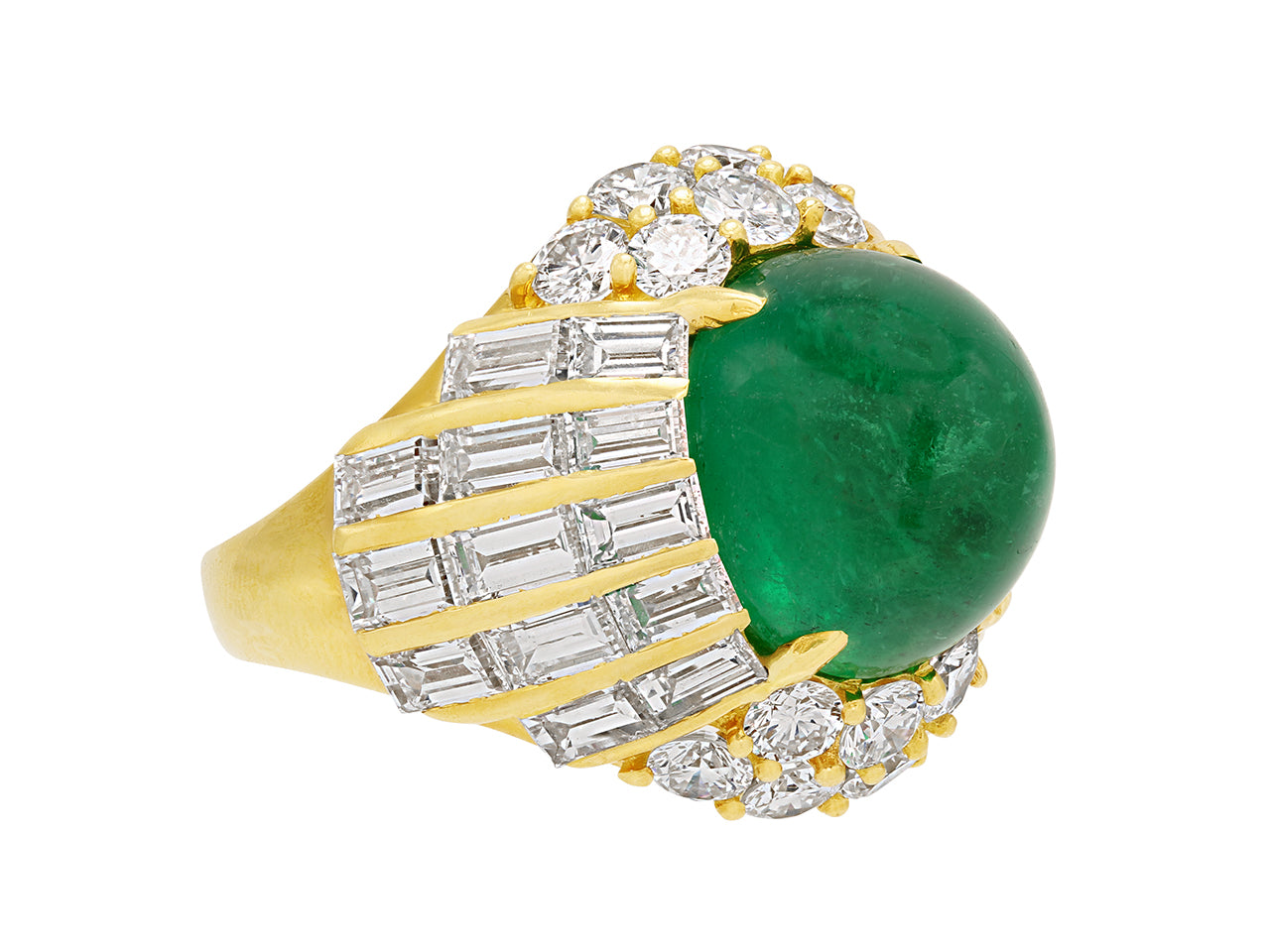 Cabochon Emerald, 10.00 Carat Zambian, and Diamond Ring in 18K Yellow Gold