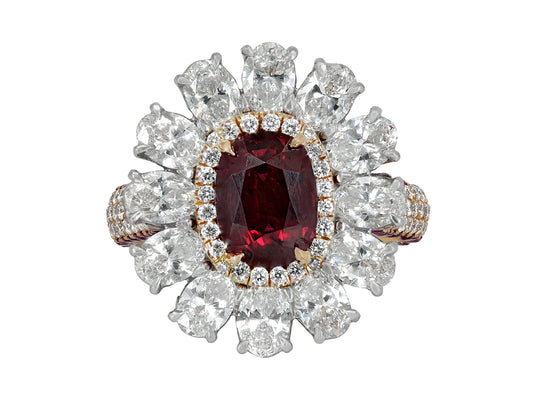 Natural Thai Ruby, 2.13 Carat, and Diamond Floral Ring in 18K