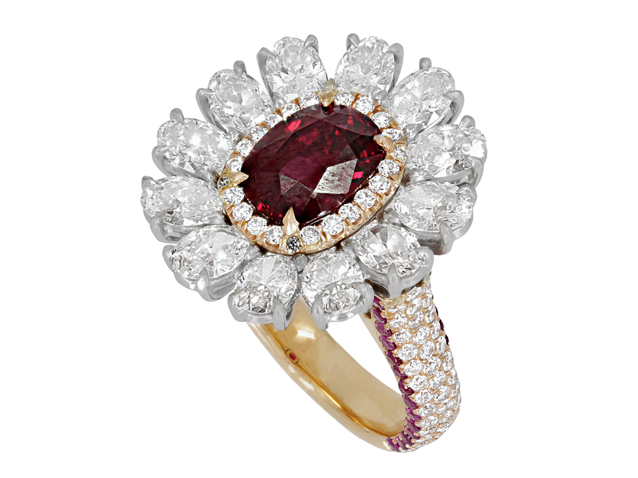 Natural Thai Ruby, 2.13 Carat, and Diamond Floral Ring in 18K