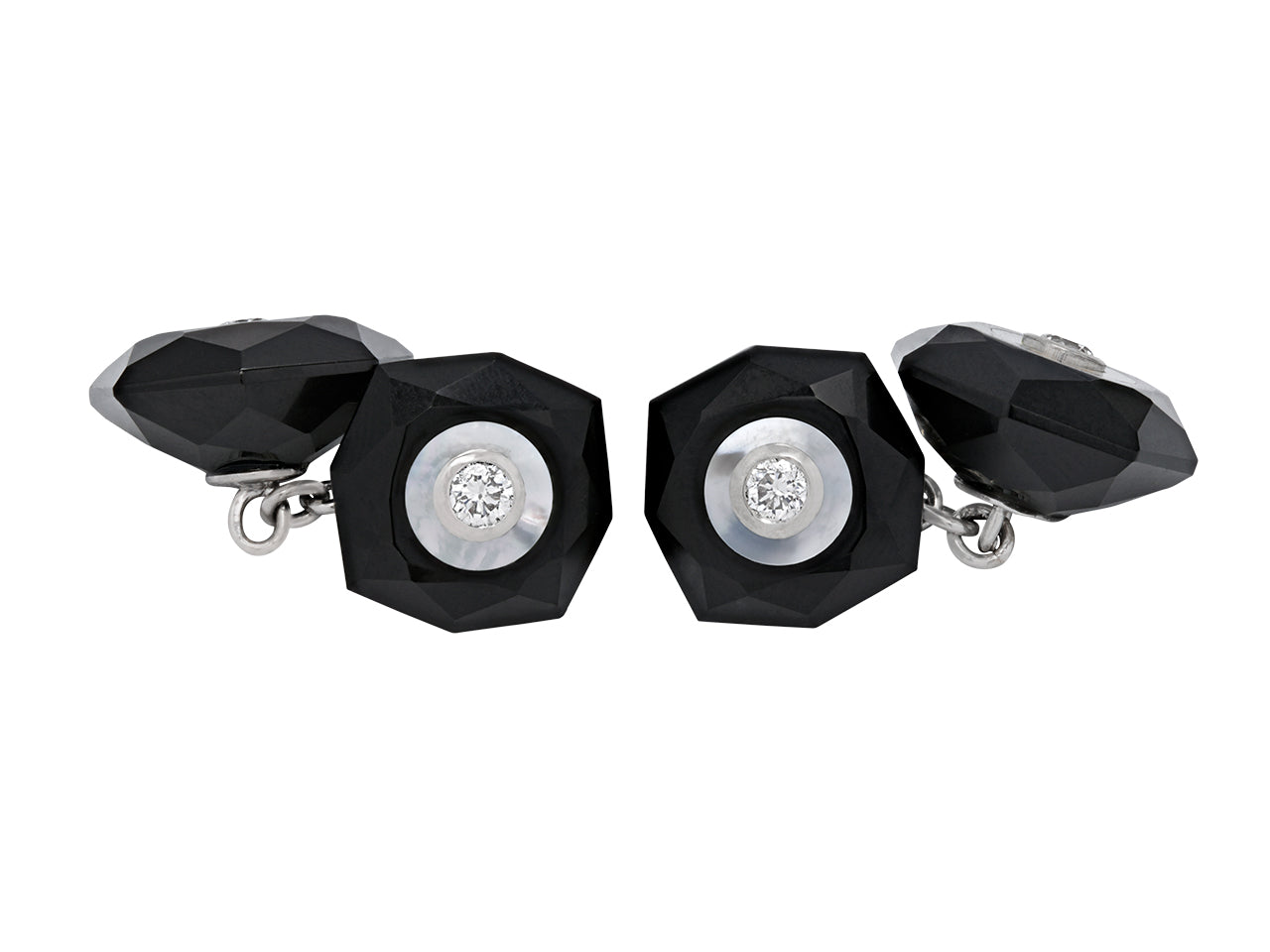 Onyx, Mother-of-Pearl and Diamond Cufflinks Dress Set in 18K White Gold