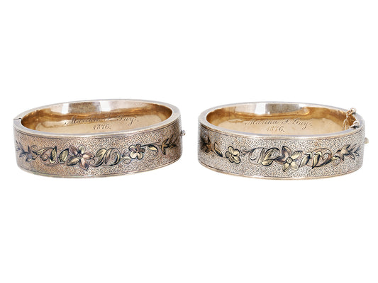 Pair of Antique Victorian Enameled Bangle Bracelets in 12K Gold