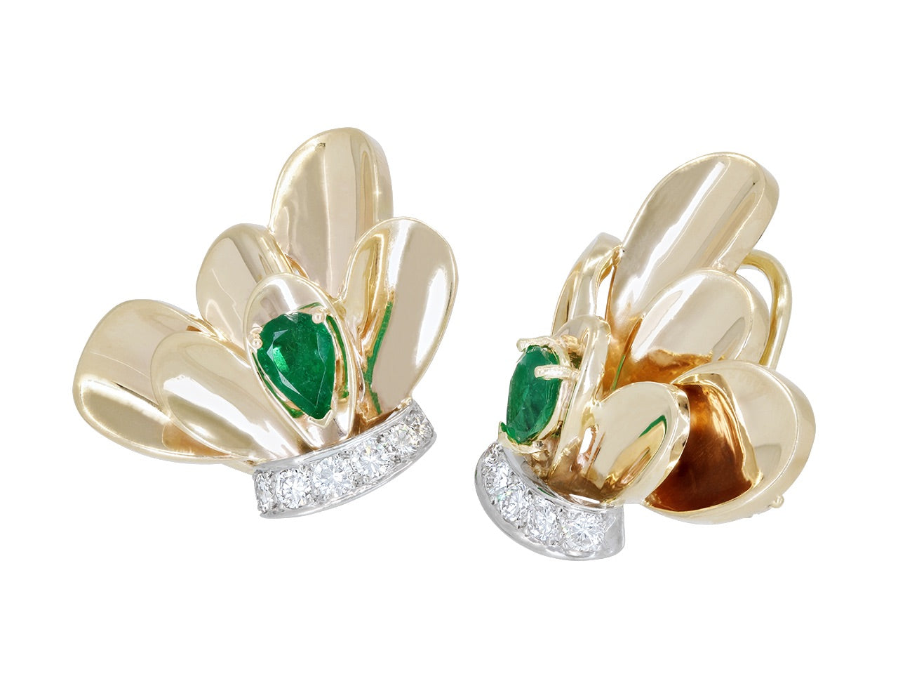 Limoges Emerald and Diamond Earclips in 14K Gold