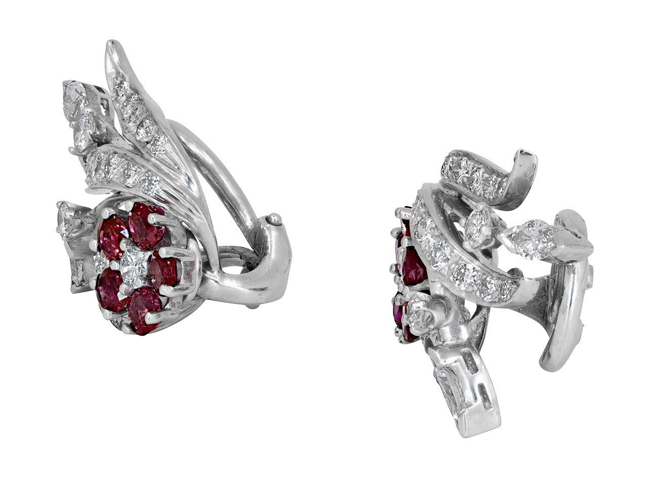 Mid-Century Ruby and Diamond Flower Earrings in Platinum