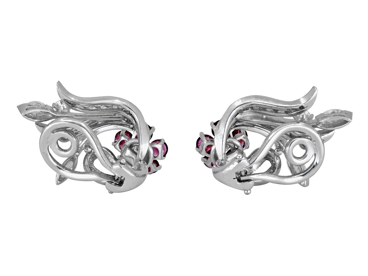 Mid-Century Ruby and Diamond Flower Earrings in Platinum