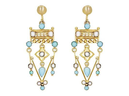 Antique Victorian Turquoise and Split Pearl Earrings in Low Karat Gold