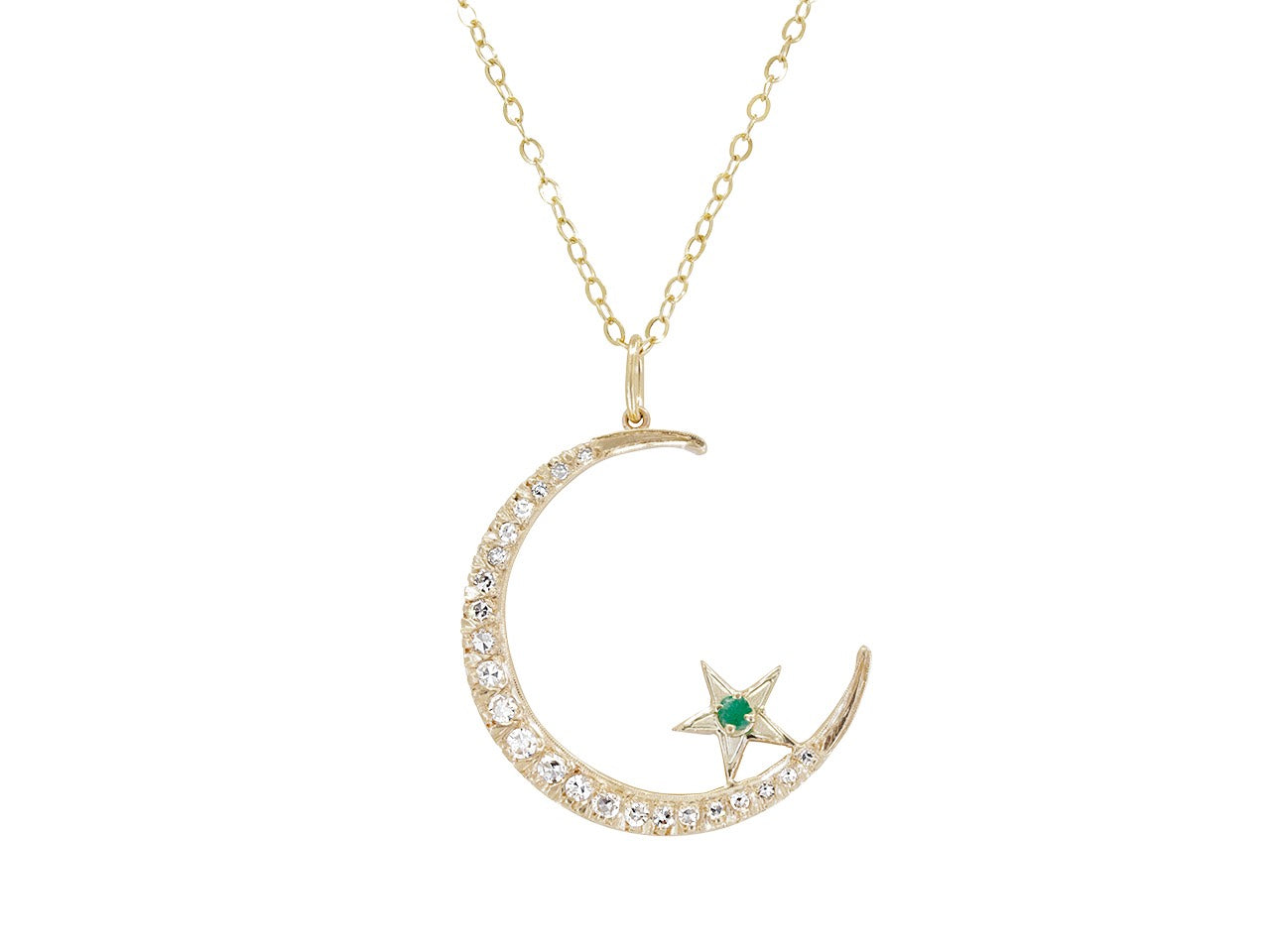 Diamond Crescent and Star Pendant in 14K Gold