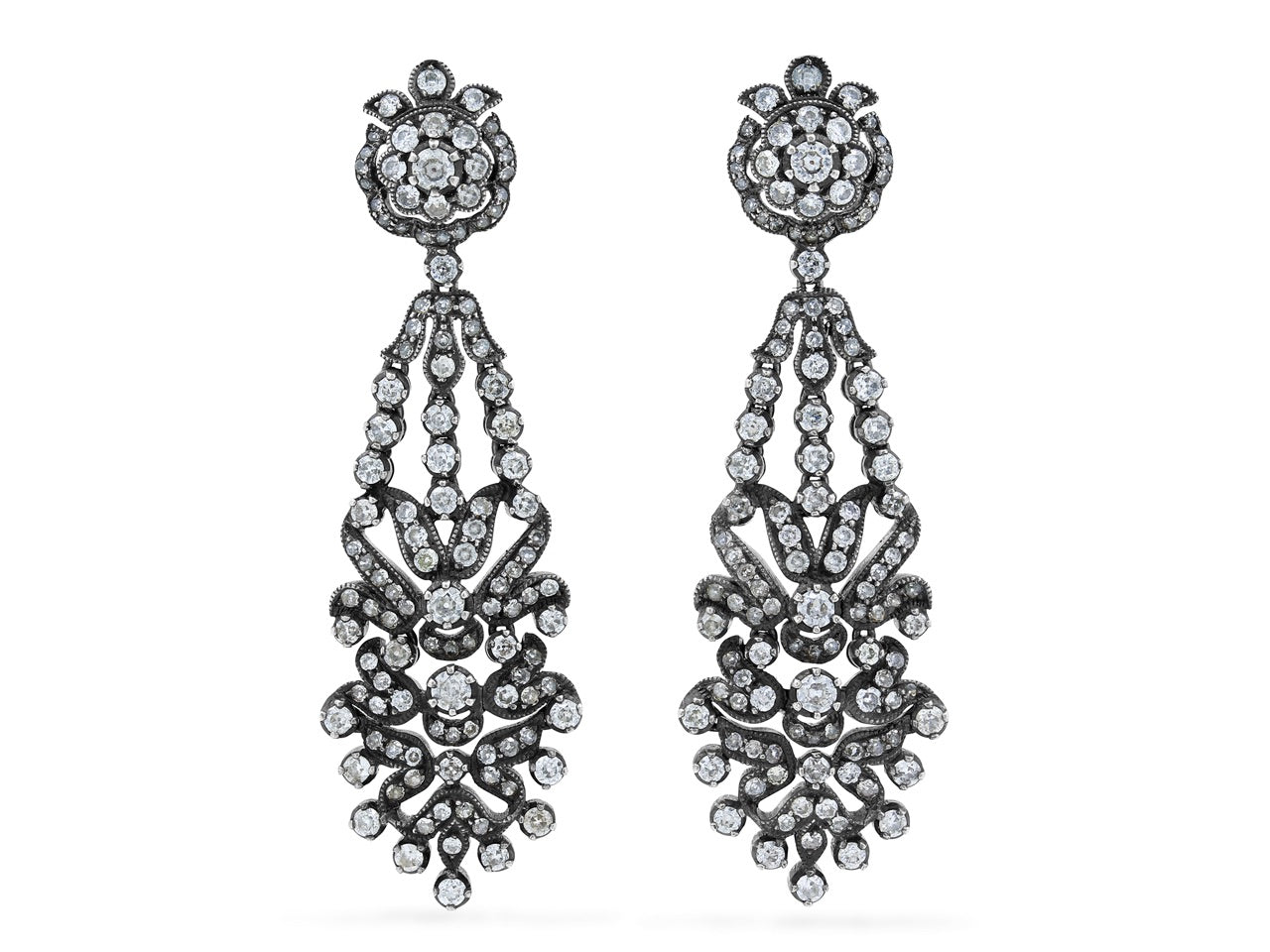 Antique-Style Diamond Chandelier Earrings in Silver over Gold