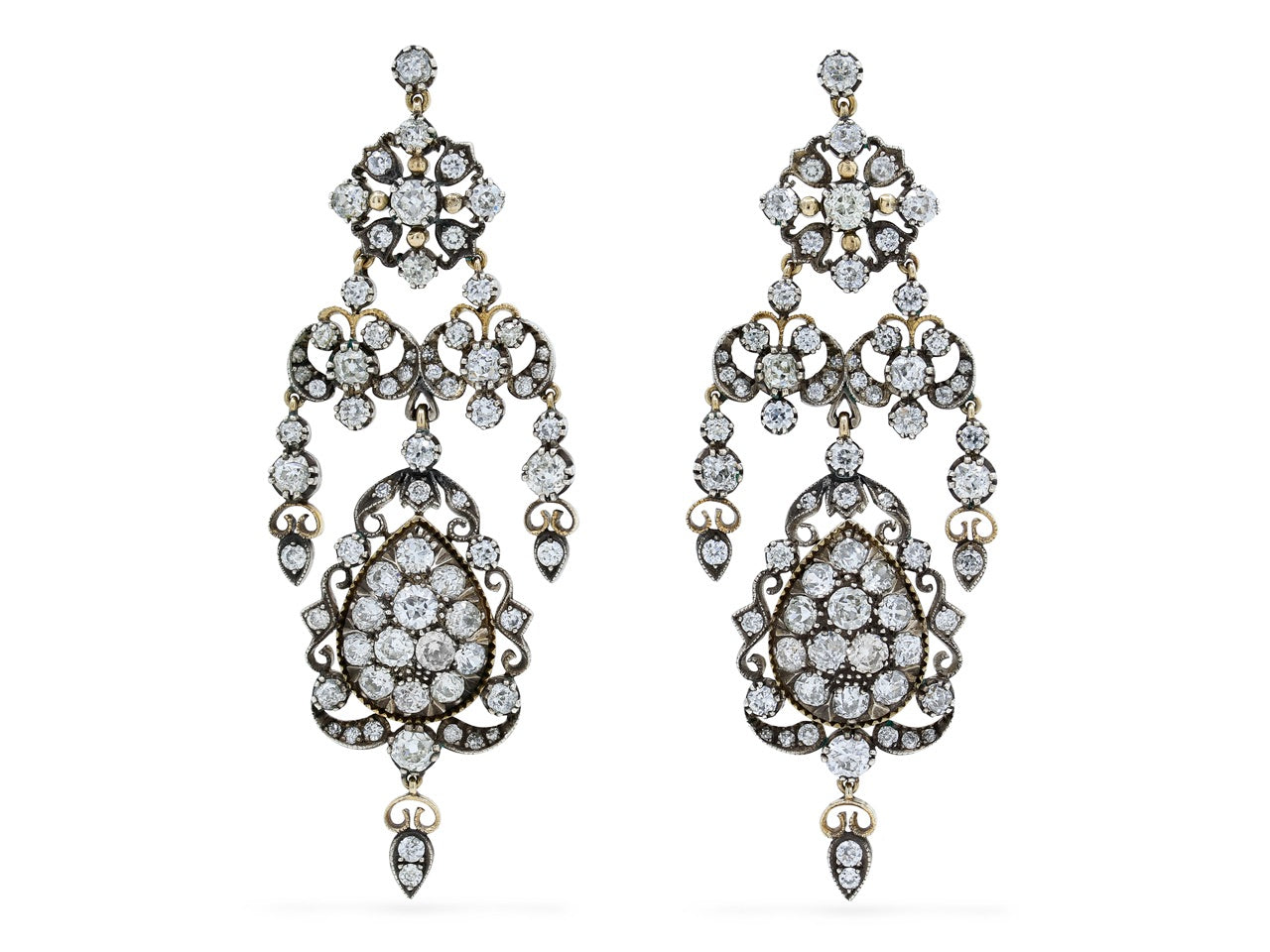 Antique-Style Diamond Chandelier Earrings in Silver over Gold