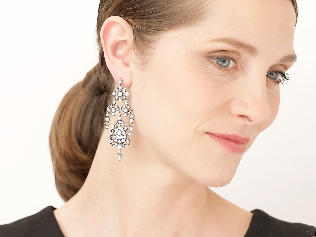 Antique-Style Diamond Chandelier Earrings in Silver over Gold