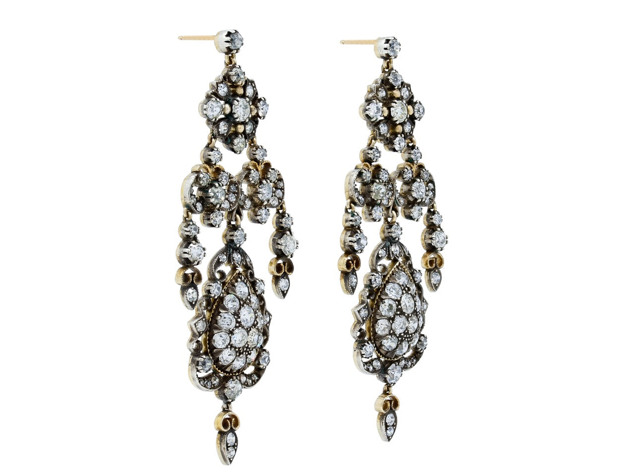 Antique-Style Diamond Chandelier Earrings in Silver over Gold