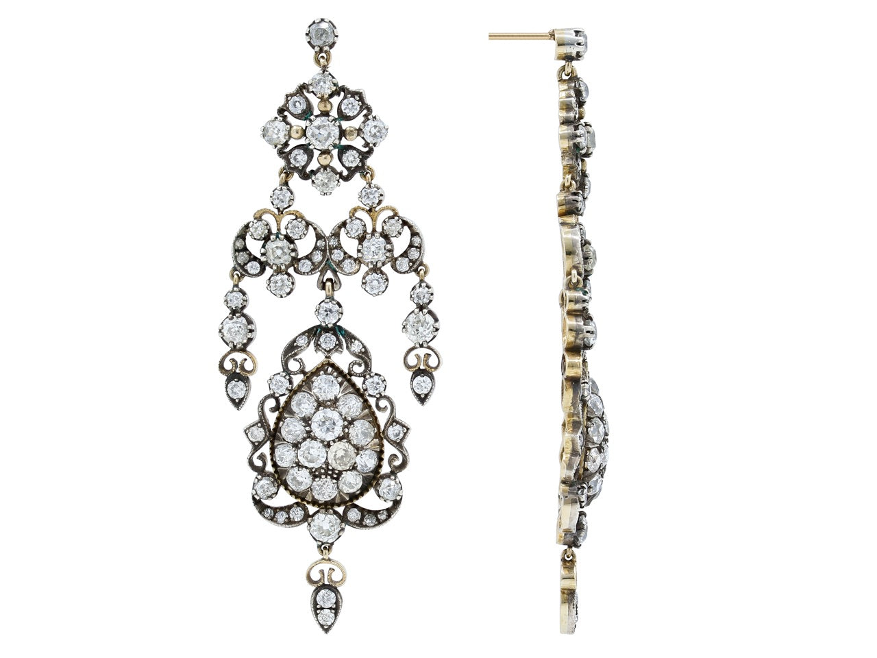 Antique-Style Diamond Chandelier Earrings in Silver over Gold