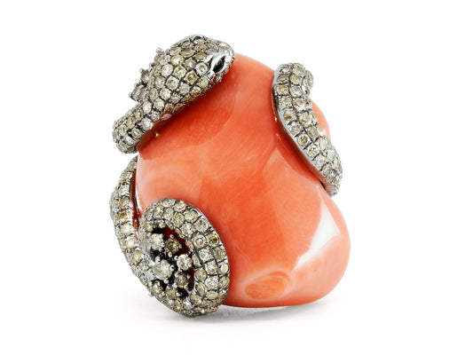 Coral and Diamond Snake Ring