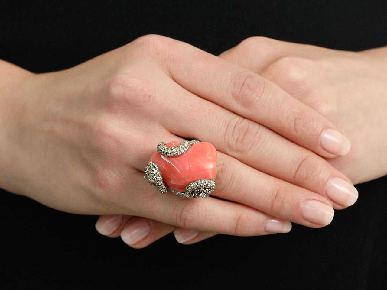 Coral and Diamond Snake Ring