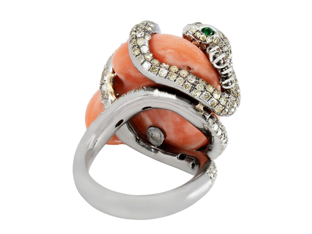 Coral and Diamond Snake Ring