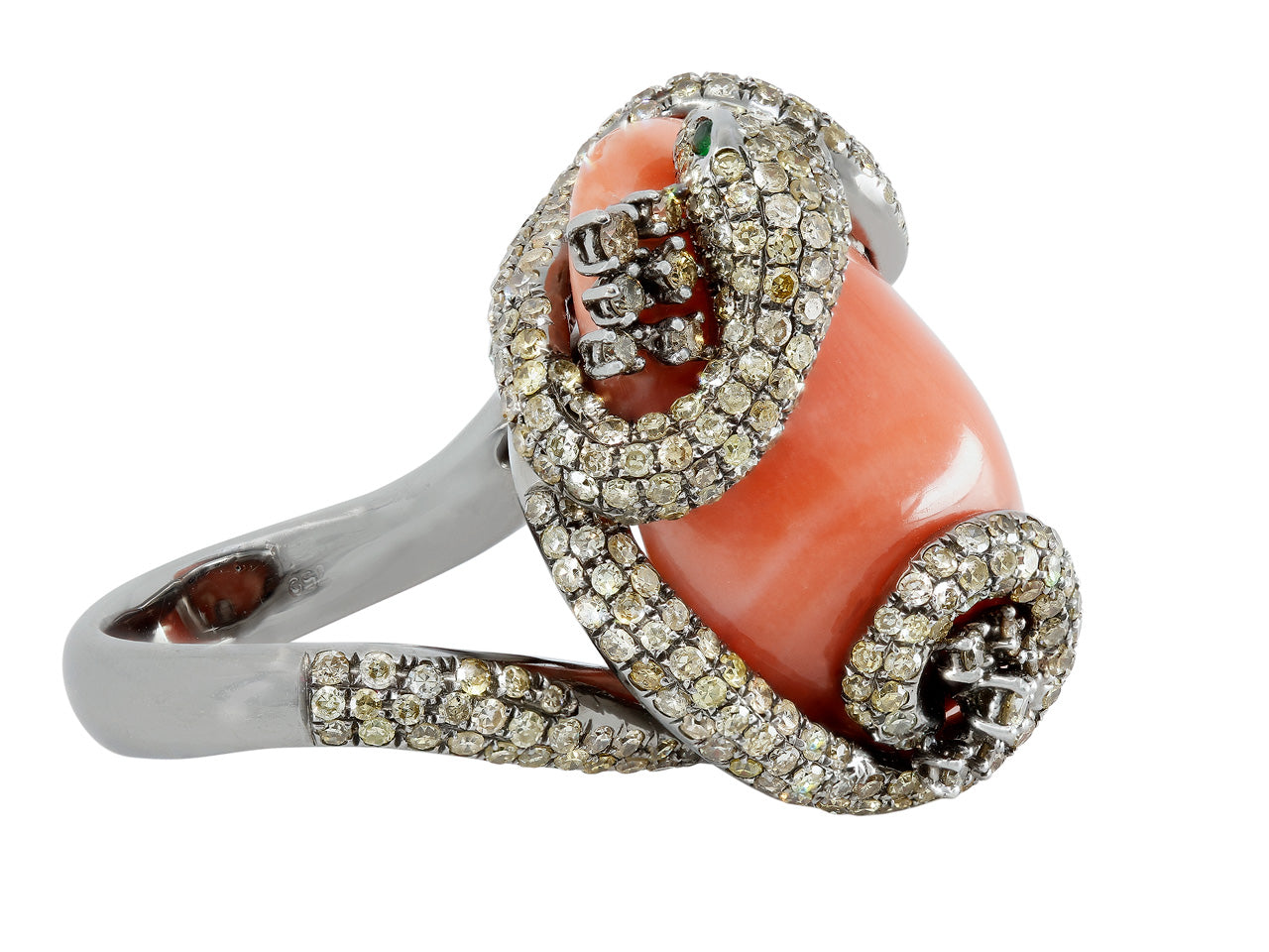 Coral and Diamond Snake Ring