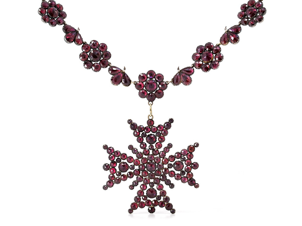 Antique Georgian Foiled Garnet Necklace with Detachable Cross in 14K Gold