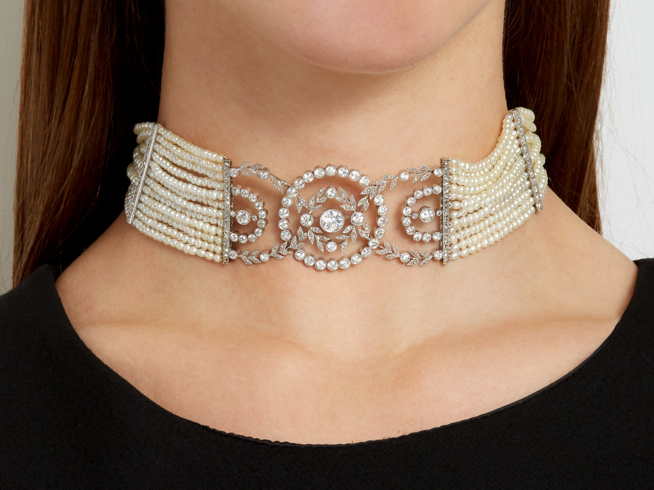 Edwardian Style Cultured Pearl, Natural Seed Pearl, and Diamond Choker in 18K White Gold