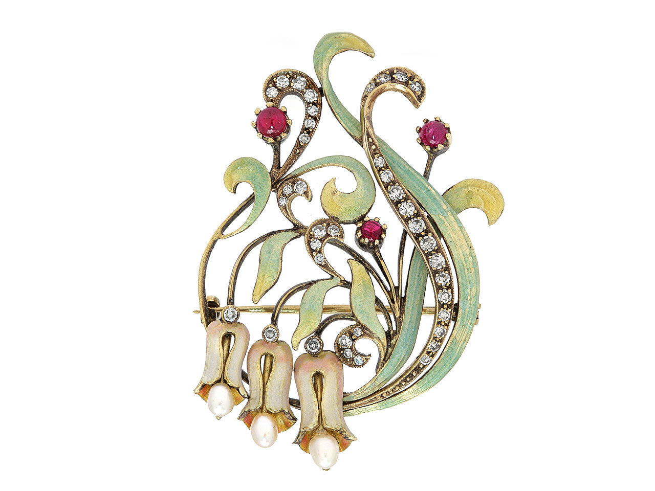 Art Nouveau Diamond, Ruby, Pearl and Enamel Brooch in 15K