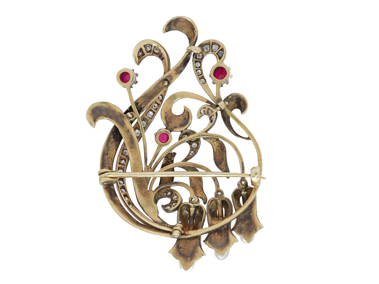 Art Nouveau Diamond, Ruby, Pearl and Enamel Brooch in 15K