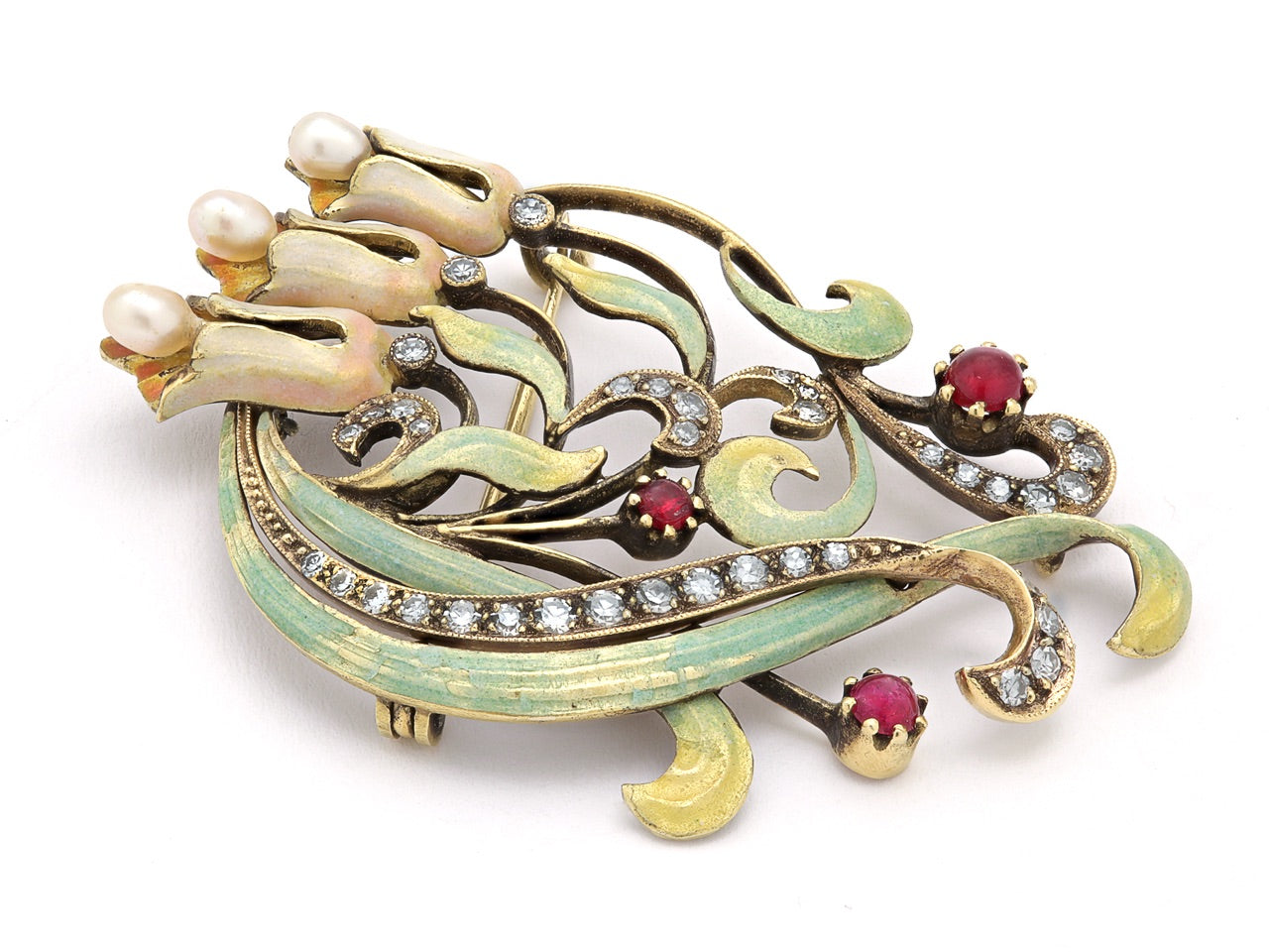 Art Nouveau Diamond, Ruby, Pearl and Enamel Brooch in 15K