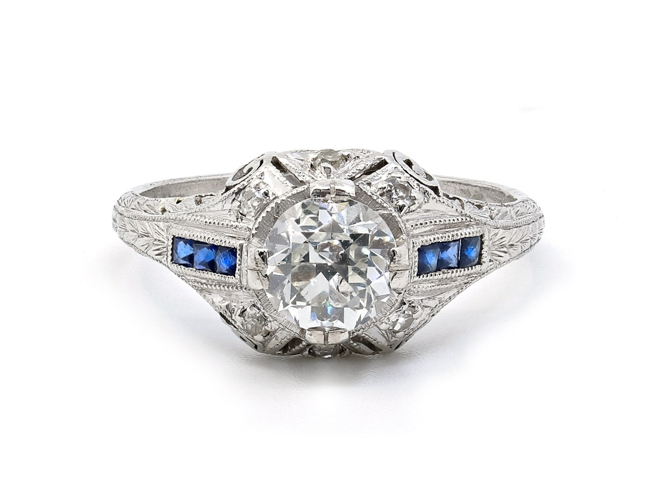 Art Deco Transitional Cut Diamond, 1.08 carat, and Sapphire Ring in Platinum