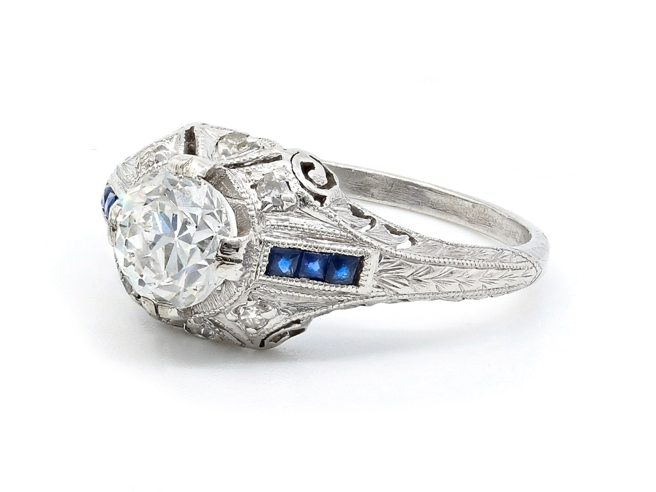 Art Deco Transitional Cut Diamond, 1.08 carat, and Sapphire Ring in Platinum