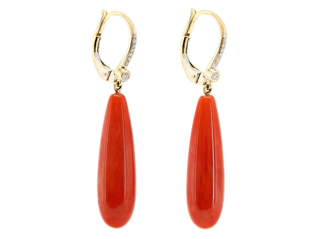 Beladora 'Bespoke' Red Coral and Diamond Dangle Earrings in 18K Gold