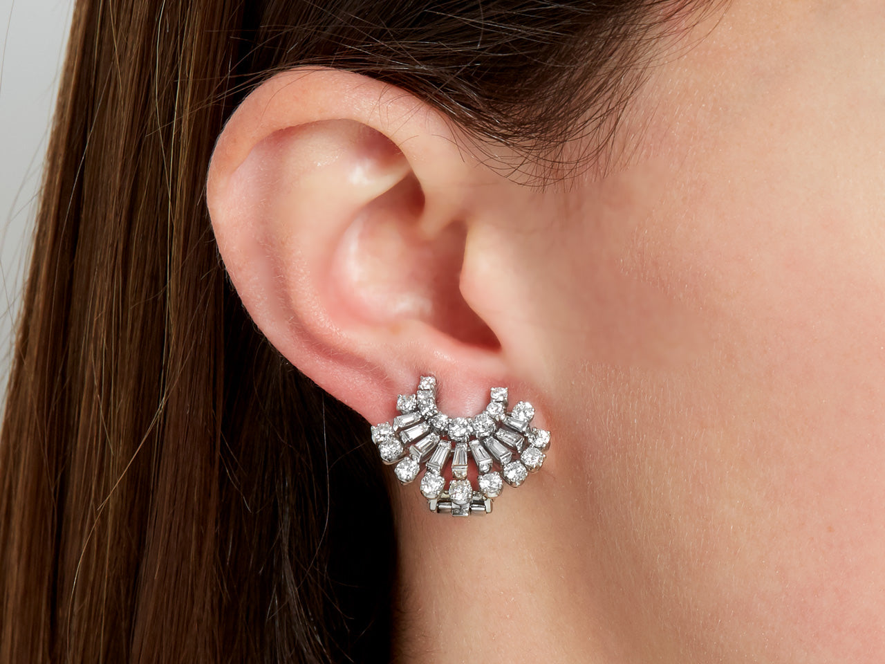 Mid-Century Diamond Fan Earrings in Platinum