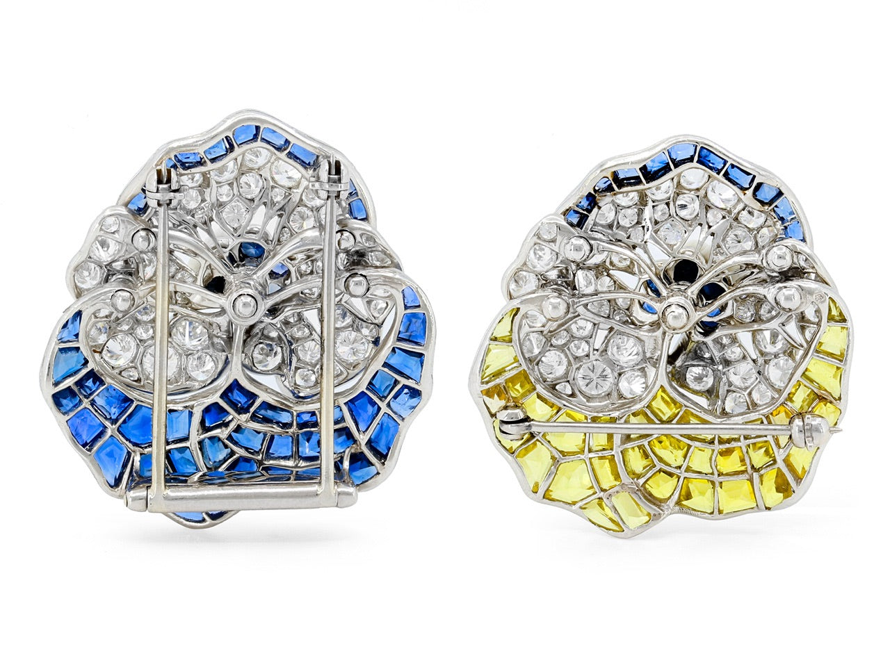 Pair of Oscar Heyman Sapphire and Diamond Pansy Brooches in Platinum